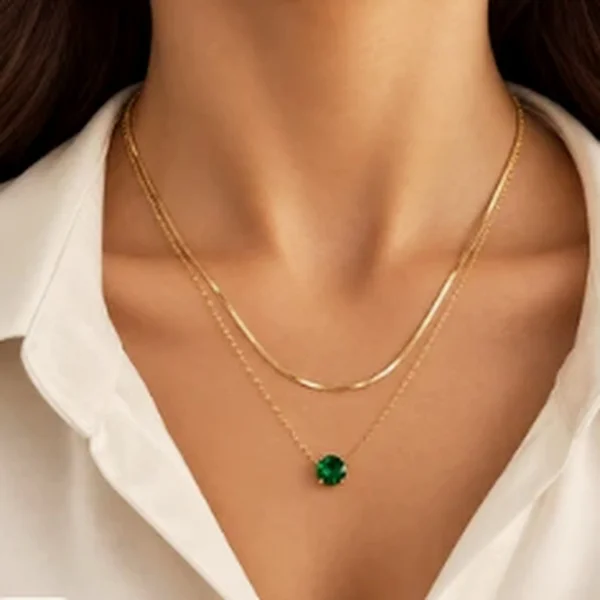 Green Solitaire Layered Gold Necklace