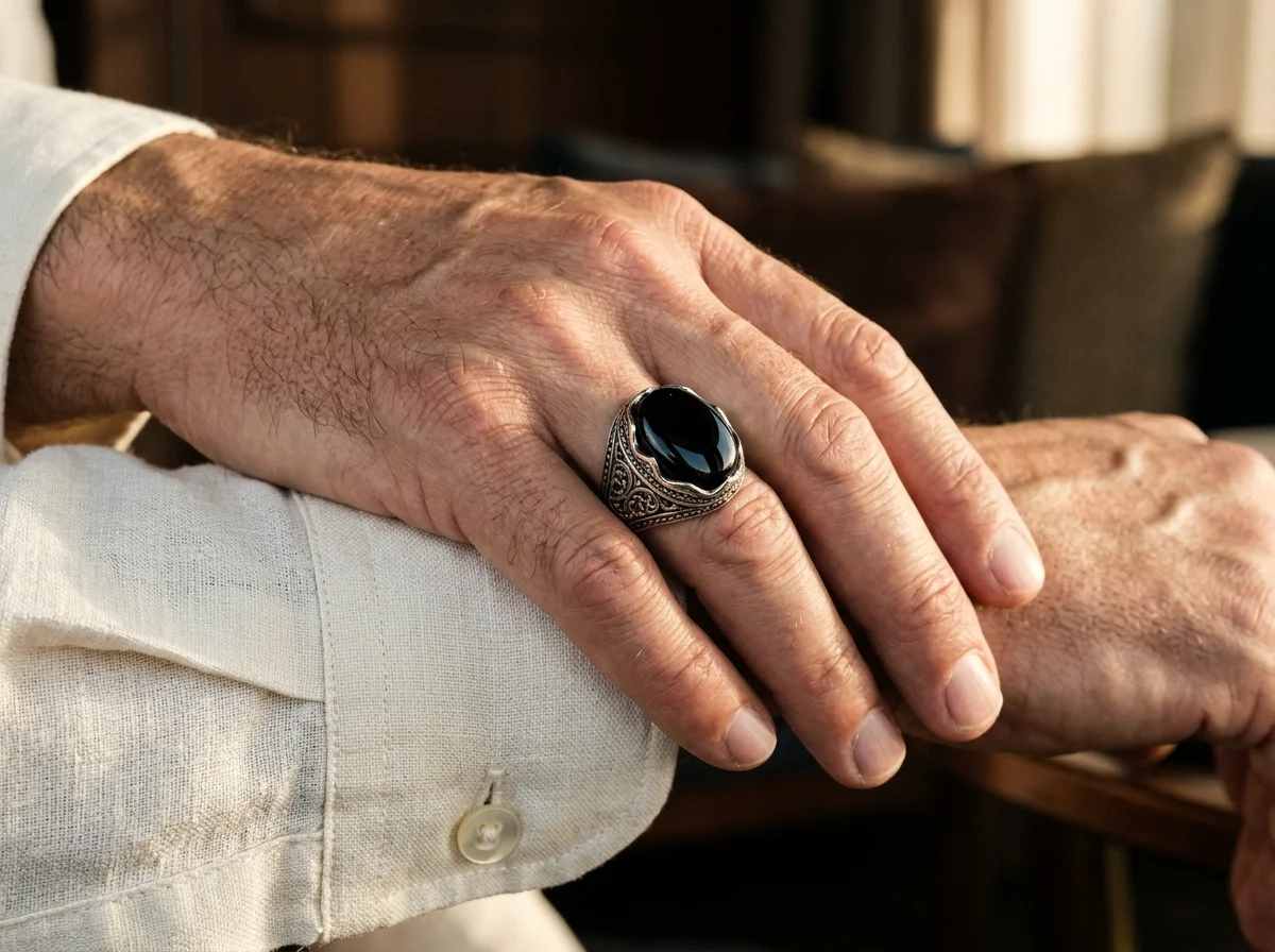 Certified Mens Natural Black Agate Aqeeq Silver Ring Kondotty Kerala